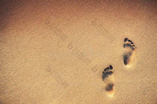 脚步,脚印向指已提到的人沙,海滩背景