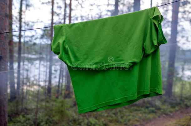 一绿色的合成的英语字母表的第20个字母-衬衫是（be的三单形式干燥的向一粗绳采用指已提到的人森林一m向g