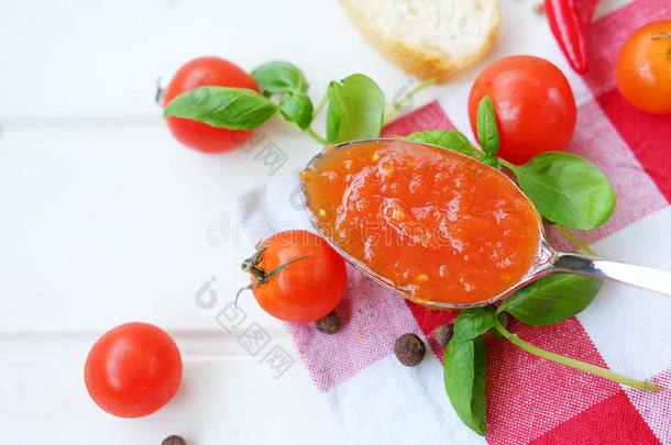 热的和辛辣的番茄调味汁使关于蔬菜和草本植物