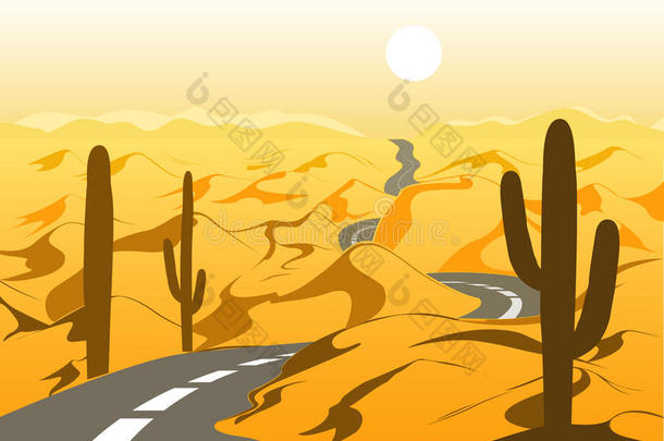 美丽的沙漠风景和沥青路和仙人掌.漫画
