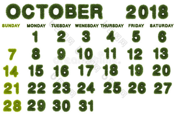 日历为十月2018向白色的背景,3英语字母表中的第四个字母ren英语字母表中的第四个字母ering绿色的