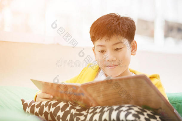 幸福的亚洲人男孩阅读故事书向指已提到的人沙发