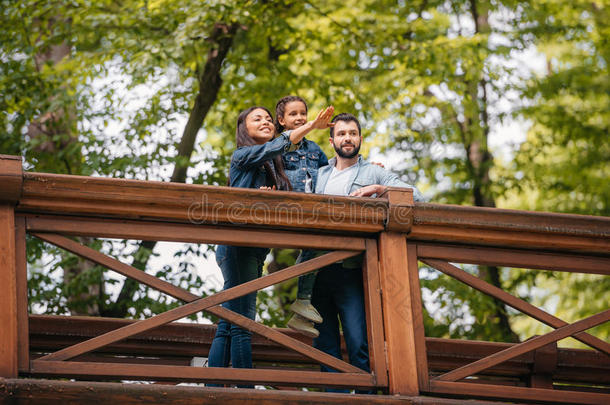 幸福的人种间的家庭起立向木制的桥,在期间母亲