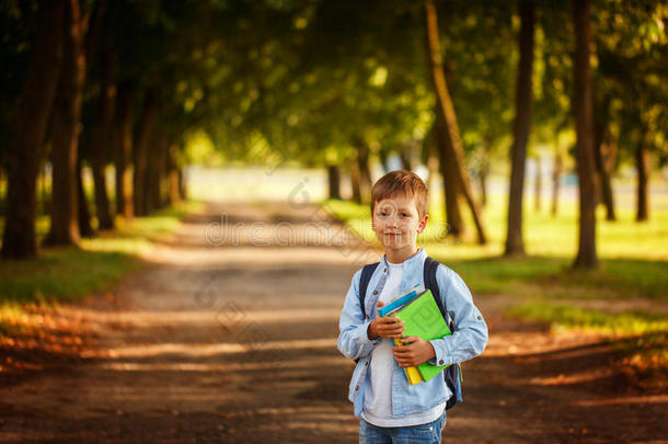 小的男孩<strong>出行</strong>背向学校.小孩和背pack和书.