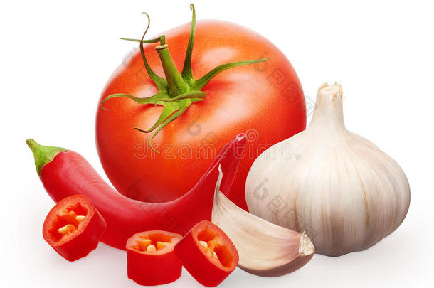 红色的番茄,大蒜和丁香和将<strong>切开</strong>红<strong>辣椒</strong>胡椒蔬菜