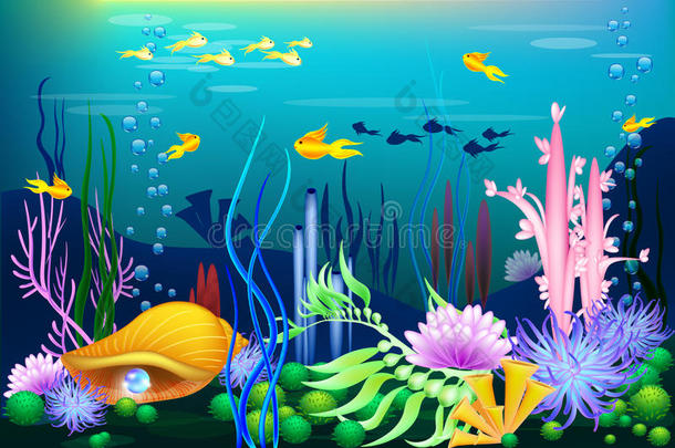 海面下的世界和<strong>金色</strong>的海中软体动物的壳,鱼和<strong>珍珠</strong>.