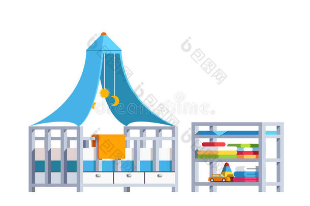 小孩卧室和蹒跚行走的人小儿床,行李架和玩具