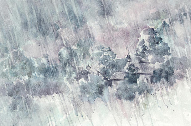 下雨的风景采用指已提到的人乡村水彩背景