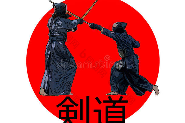 <strong>日</strong>本人剑<strong>道</strong>战士和竹子剑向黑色亮漆<strong>旗</strong>