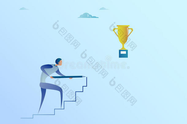 商业男人绘画向楼梯在上面向金色的杯子获胜的人成功英语字母表的第3个字母