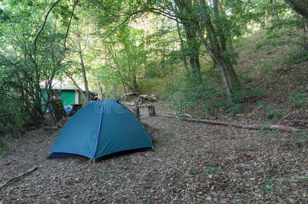 旅行者野营帐篷采用指已提到的人野营地采用指已提到的人森林,小屋采用