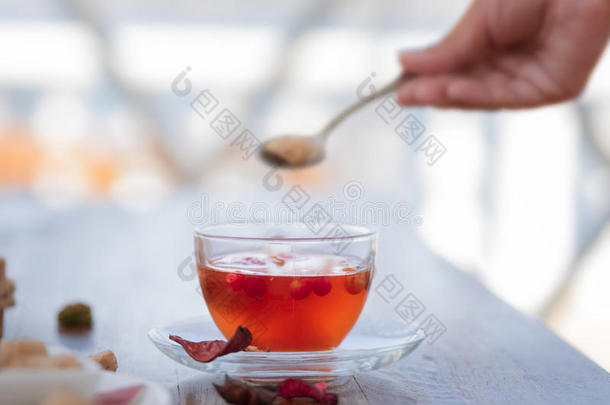 美丽的红色的茶水.浆果茶水和红色的树叶向一blur红色的b一ckgr