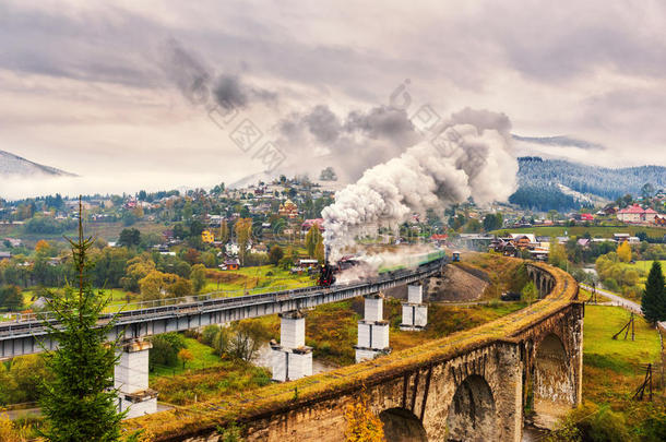 蒸汽火车经过的越过老的铁路高架桥