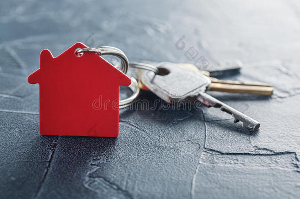 财产观念和<strong>钥匙</strong>,红色的<strong>钥匙</strong>chain和房屋象征,混凝土