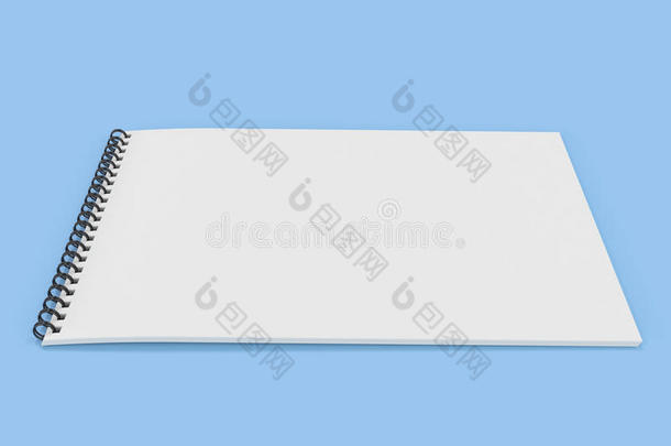 空白的白色的笔记簿和黑的螺旋跳向蓝色背景