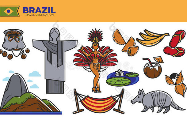 巴西苏木旅行目的促销的海报和国家象征