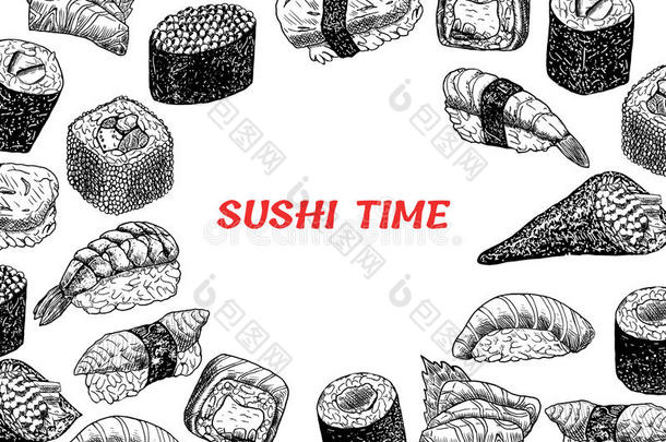 观念说明关于快餐,寿司,异国的营养,海食物