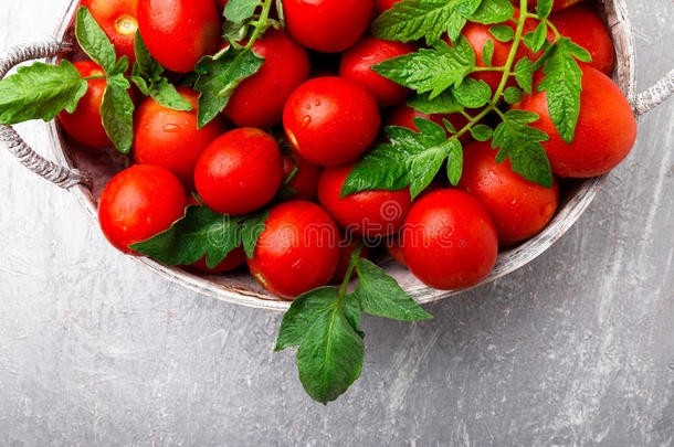 红色的番茄采用灰色的篮向灰色的背景.顶看法.复制品休闲健身中心