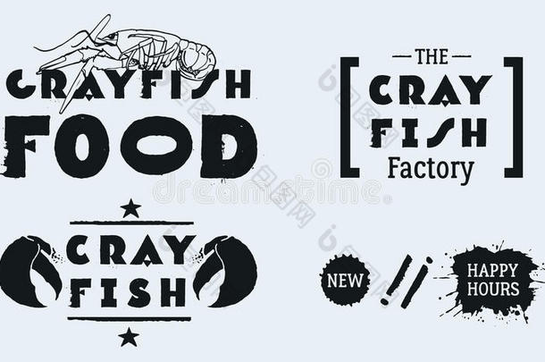 矢量海产<strong>食品标签</strong>:手疲惫的插图,墨水字体.