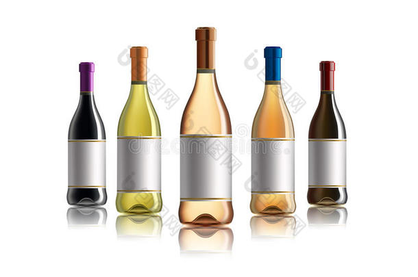 红色的葡萄酒瓶子.放置关于白色的,玫瑰,和红色的葡萄酒瓶子s.向where哪里