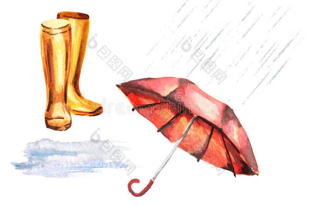 雨放置和雨伞,橡胶擦靴人,水坑,雨点