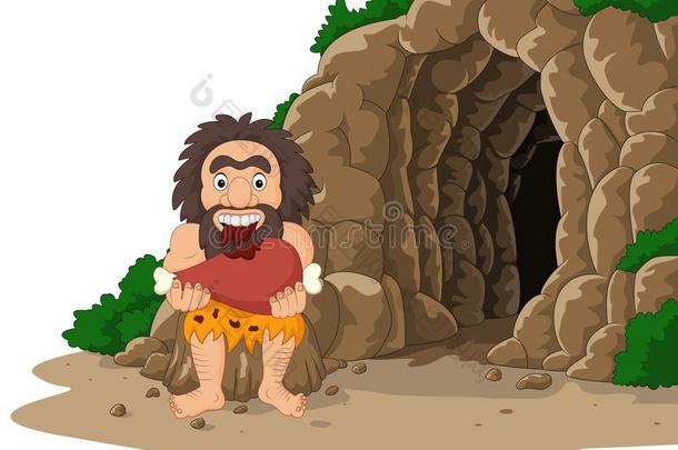 <strong>漫画</strong>史前石器时代的穴居人吃<strong>肉</strong>和洞穴背景