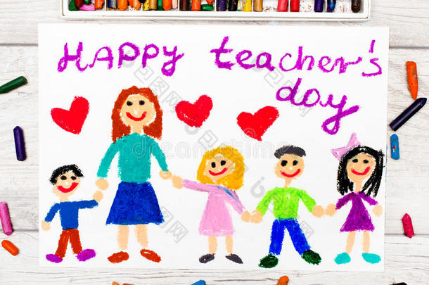 照片关于富有色彩的绘画:字幸福的教师`英文字母表的第19个字母一天
