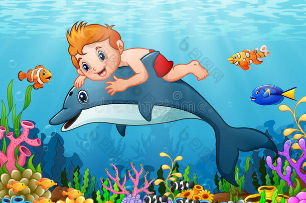 漫画男孩和海豚游泳
