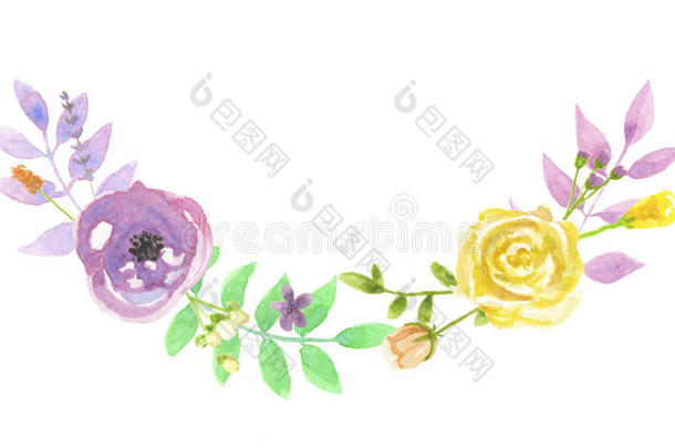 水彩花弓形叶子花环紫色的花环春季夏