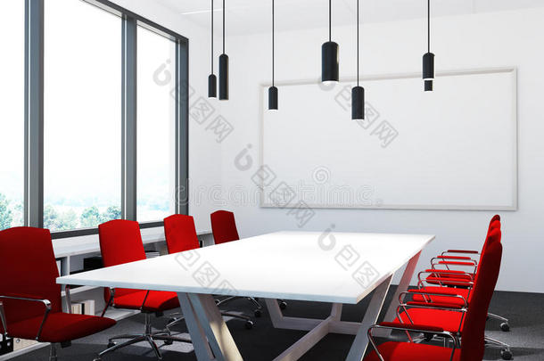 会议房间和红色的椅子,白色书写板