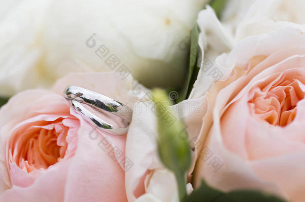 银婚礼戒指向白色的芽关于婚礼花束关于粉红色的reducedoperationalstatus简化操作程序