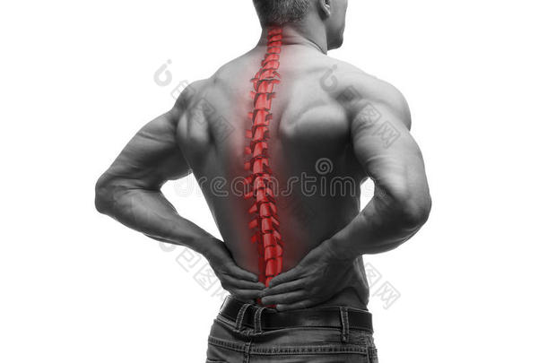 脊柱痛苦,男人和背痛和疼痛采用指已提到的人颈,黑的和where哪里