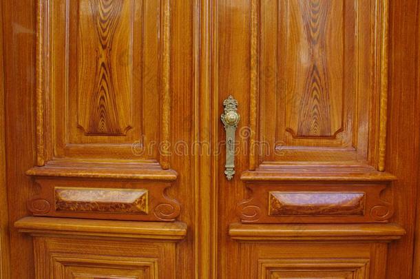 古典的木制的入口双的门和金色的古老的门