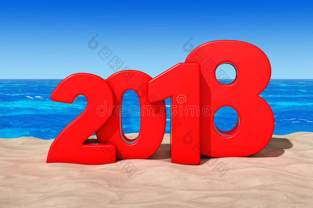 幸福的2018新的年观念.2018新的年符号在和煦的：照到阳光的海滩.