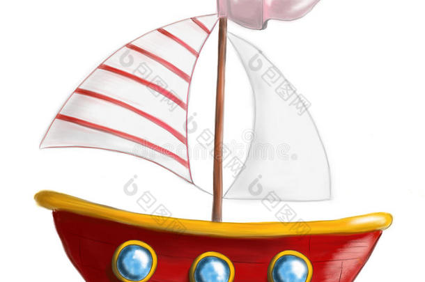 有<strong>插画</strong>的报章杂志红色的<strong>小</strong>船和有条纹的航行隔离的