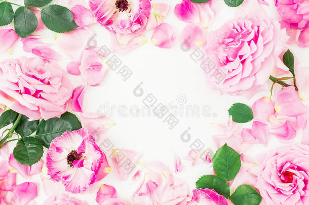 圆形的花环框架关于玫瑰,粉红色的花和树叶向白色的波黑