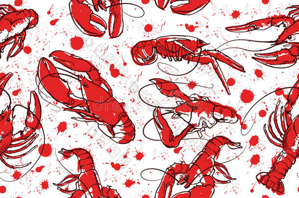 抽象的无缝的矢量模式和放置关于淡水螯虾墨水图解