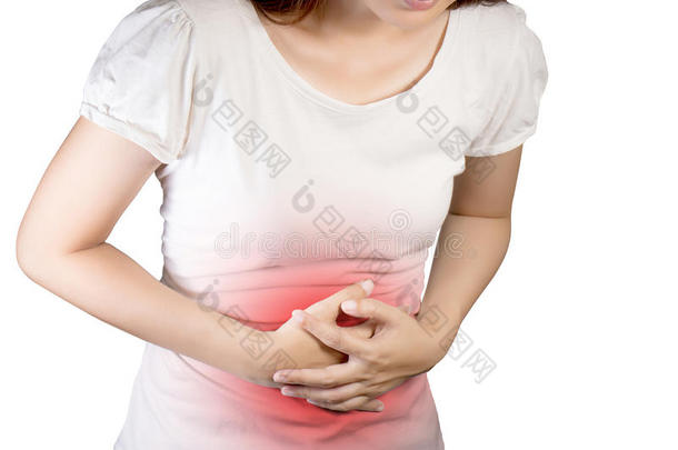 女人受痛苦从胃痛或胃肠病学家.