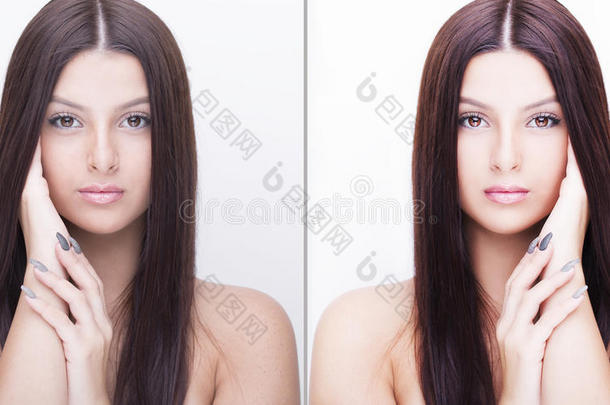 年幼的女人,在之前和后的润色,美好治疗.在之前