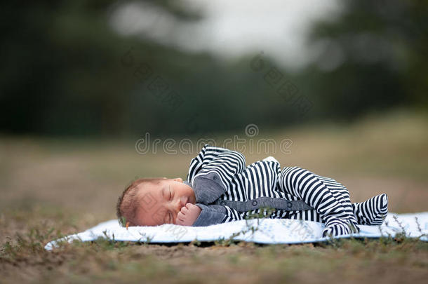 新生的婴儿为提供床位向草采用公园.复制品空间顶.