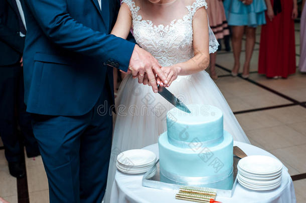 一美丽的<strong>蓝色婚礼</strong>蛋糕是（be的三单形式存在将切开在旁边指已提到的人新婚夫妇