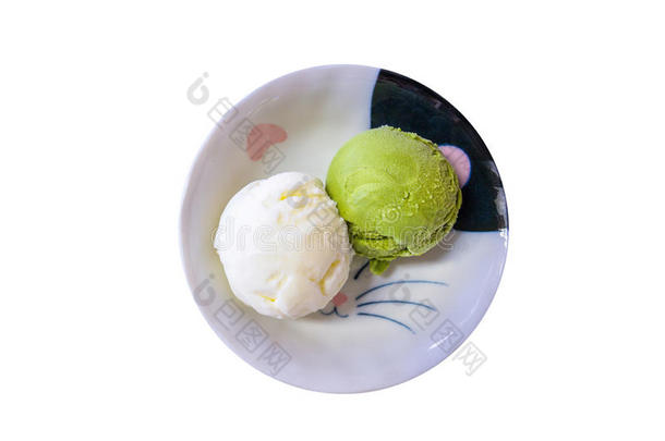 绿色的茶水日本抹茶冰乳霜铲采用白色的碗