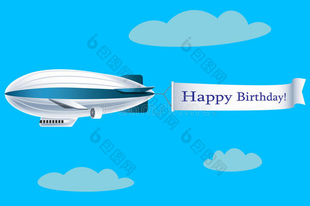 飞艇和横幅和文本幸福的生日