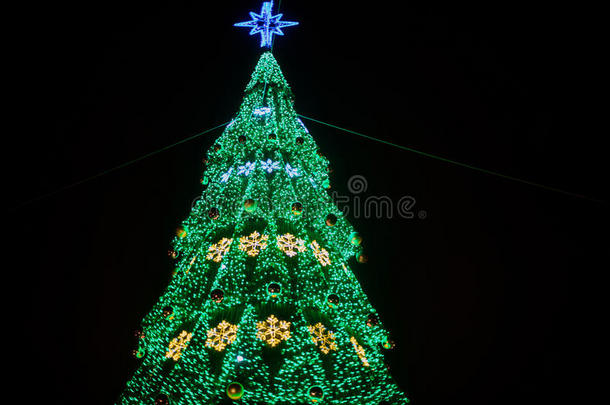 一大大地圣诞节树和明亮的花环和星发出光光