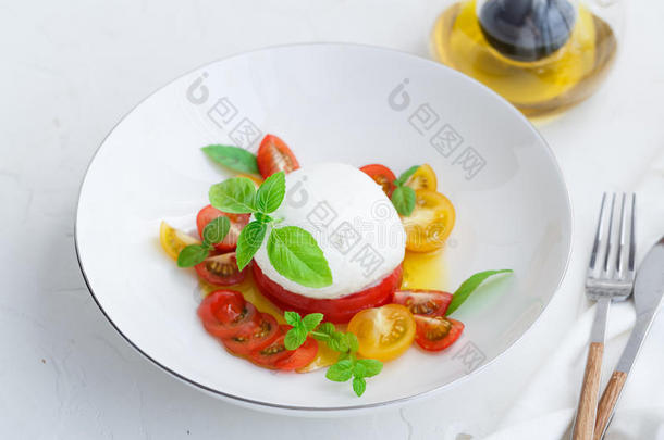 红白小碟沙拉和红色的和黄色的番茄,意大利干酪,罗勒属植物和