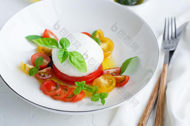 红白小碟沙拉和红色的和黄色的番茄,意大利干酪,罗勒属植物和