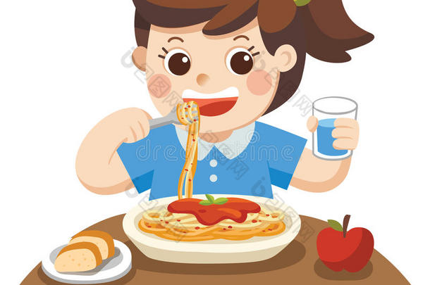 一小的女孩幸福的向吃意大利面条.