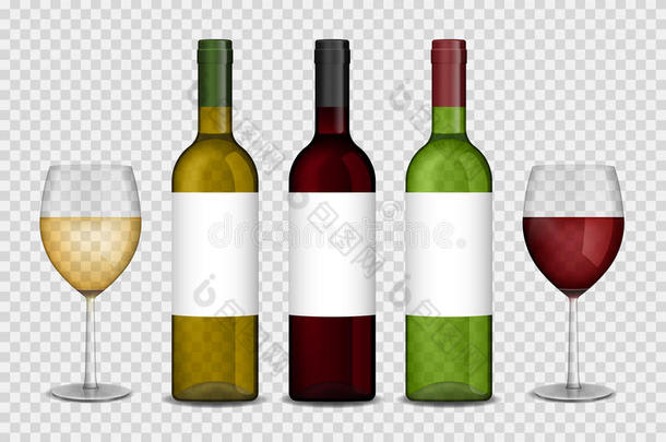 透明的葡萄酒瓶子和葡萄酒glasses假雷达.红色的和白色的wickets三柱门