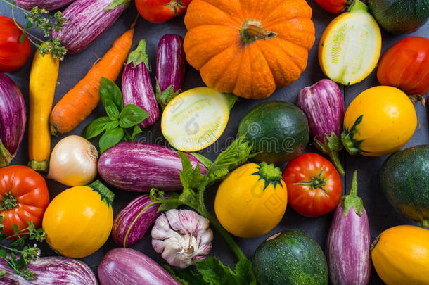 新鲜的有机的蔬菜-<strong>圆形</strong>的小胡瓜,小的茄子,雄动物