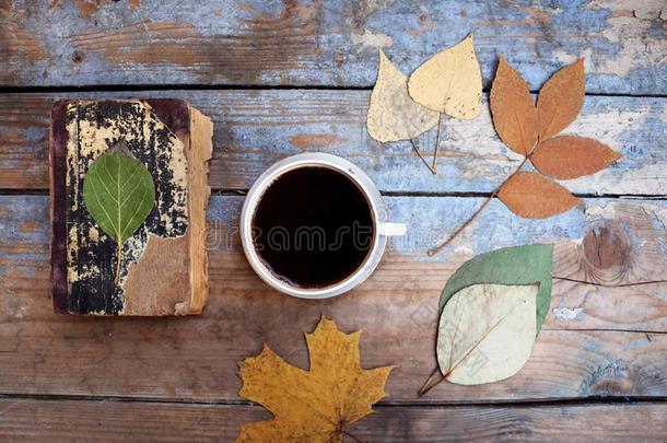 酿酒的书,杯子关于c关于fee和秋树叶向木制的书桌